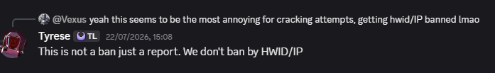 TwiLite developer Tyrese saying a cracking-attempt report is not a ban and they do not ban by HWID or IP