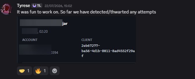 TwiLite developer Tyrese posting an ACCOUNT and CLIENT embed after saying they detected and thwarted cracking attempts