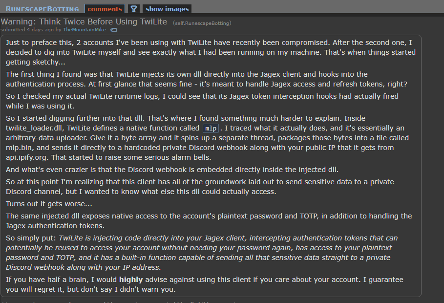 Reddit post Warning: Think Twice Before Using TwiLite on r/RunescapeBotting